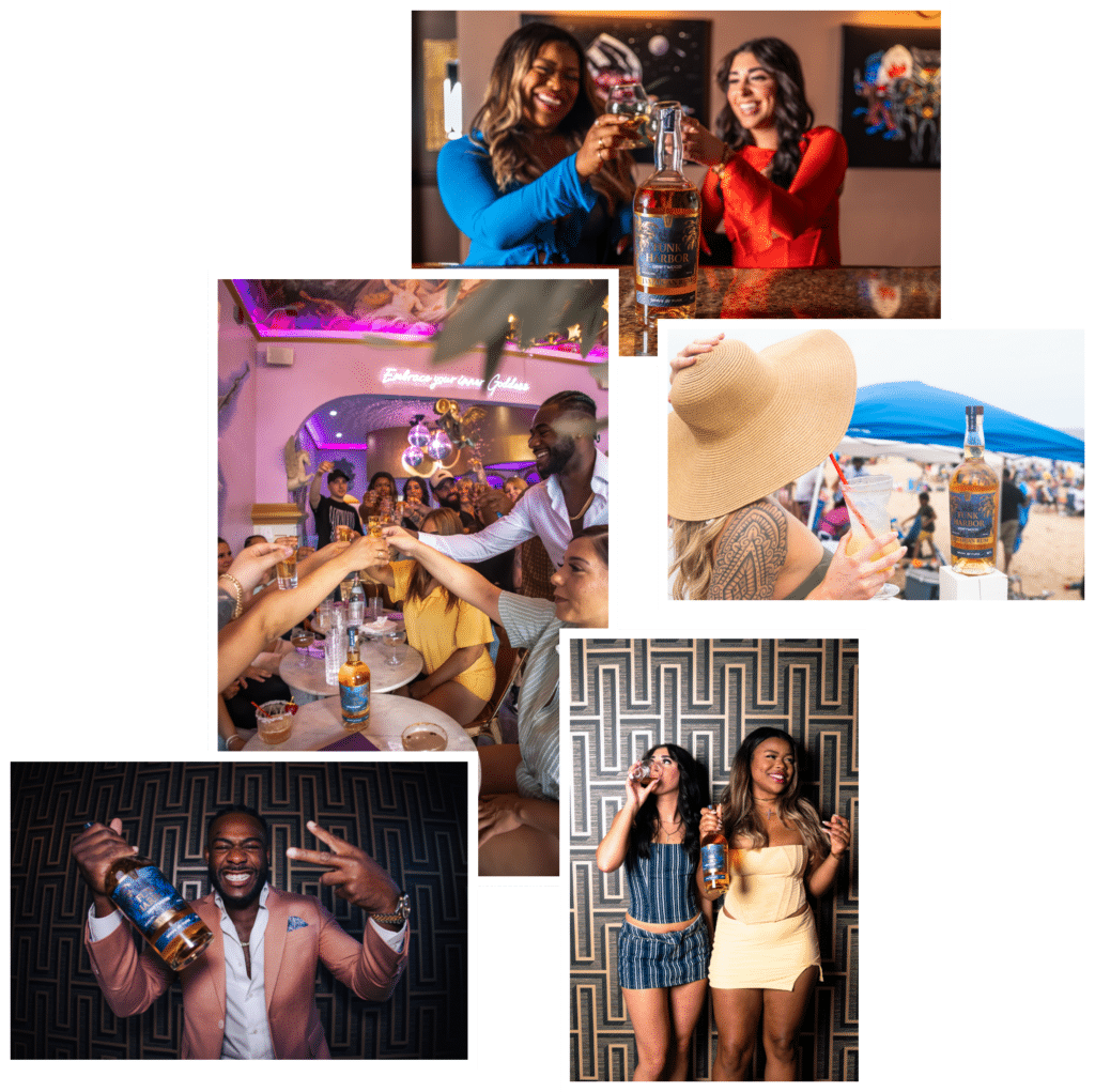 Collage of Aljermain Sterling and others enjoying Funk Harbor Rum